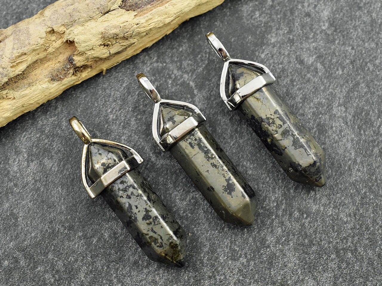 40mm Platinum Tone Natural Pyrite Double Terminated Bullet Pendant